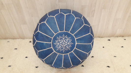 Boho Moroccan Blue POUF with White Stitching,Leather Pouf,Ottoman Pouf, Morrocan Pouf, Morocco Pouf, Ottoman Unstuffed Moroccan Ottoman