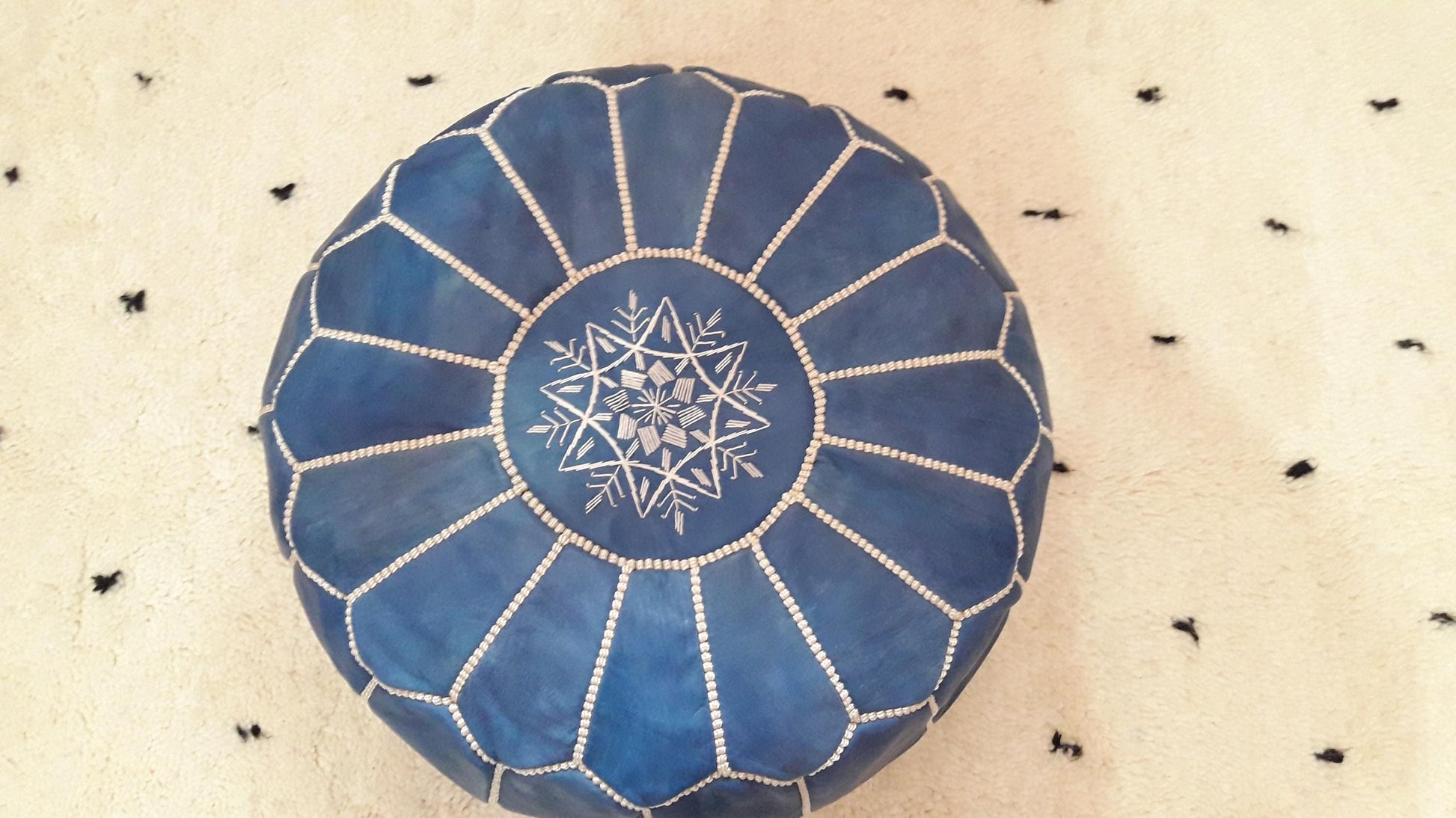 Boho Moroccan Blue POUF with White Stitching,Leather Pouf,Ottoman Pouf, Morrocan Pouf, Morocco Pouf, Ottoman Unstuffed Moroccan Ottoman