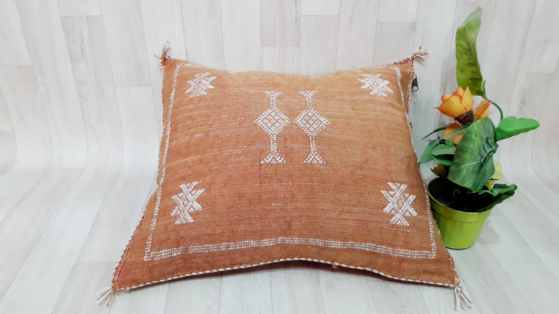 Cactus Silk Cushion Cover - Brown/Orange Sabra Pillow - Handmade Morocco Cushion