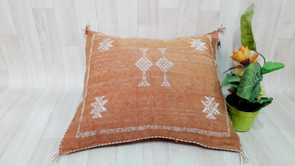 Cactus Silk Cushion Cover - Brown/Orange Sabra Pillow - Handmade Morocco Cushion