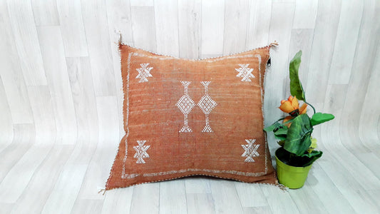 Cactus Silk Cushion Cover - Brown/Orange Sabra Pillow - Handmade Morocco Cushion