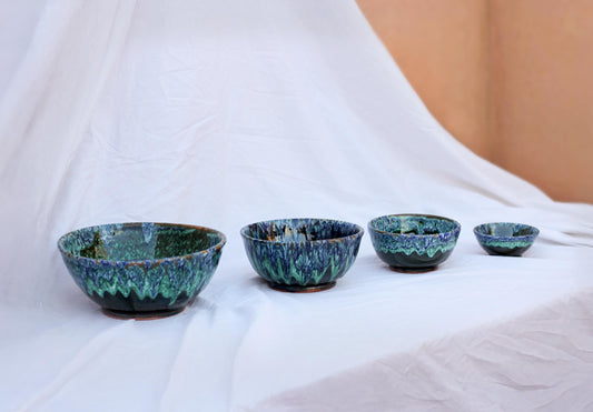 Green Ourika Ceramic Bowls Moroccan Handmade Bowls Nesting Bowl Set Drip Glaze Pottery Bowls Handpainted Ceramic Stoneware Crackle Glaze
