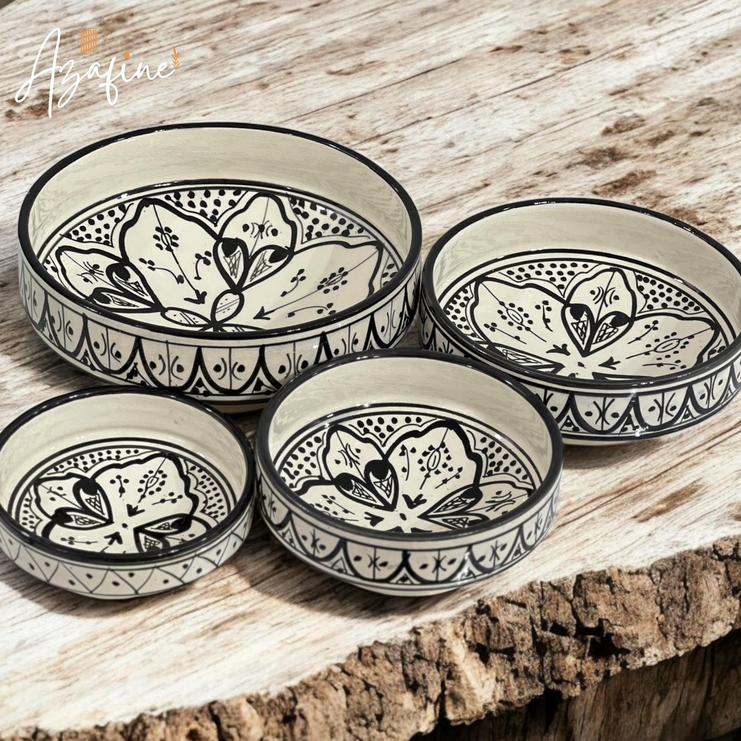 Set of 4 Moroccan Handmade Ceramic Bowls - Handmade Serving Bowls - Black and White Moroccan Motifs - Decorative and Functional Kitchenware