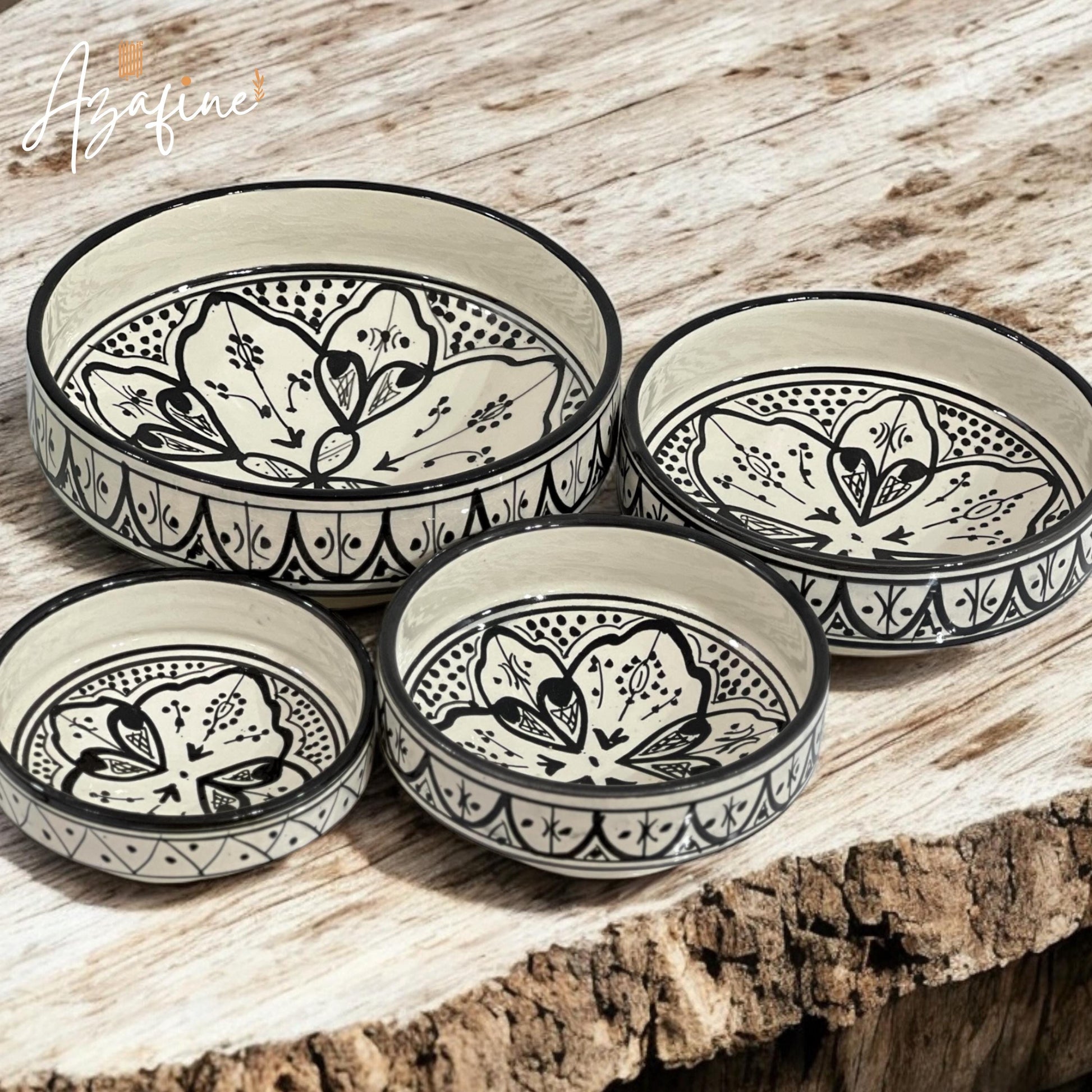 Set of 4 Moroccan Handmade Ceramic Bowls - Handmade Serving Bowls - Black and White Moroccan Motifs - Decorative and Functional Kitchenware