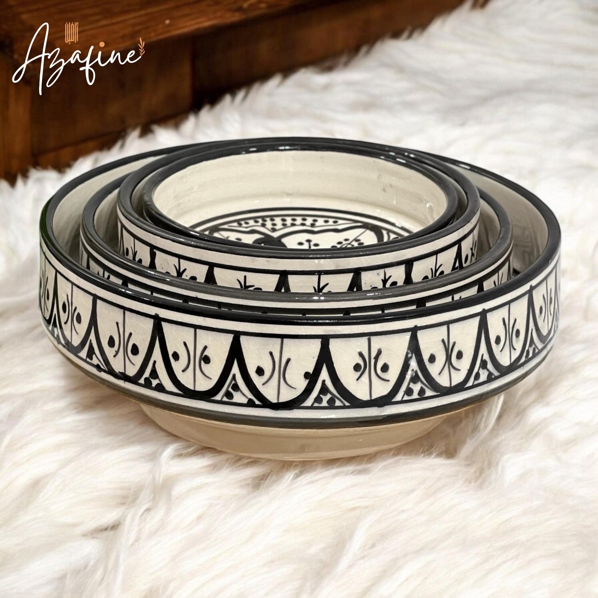 Set of 4 Moroccan Handmade Ceramic Bowls - Handmade Serving Bowls - Black and White Moroccan Motifs - Decorative and Functional Kitchenware
