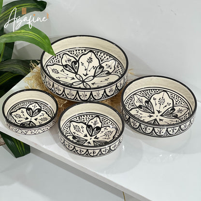Set of 4 Moroccan Handmade Ceramic Bowls - Handmade Serving Bowls - Black and White Moroccan Motifs - Decorative and Functional Kitchenware