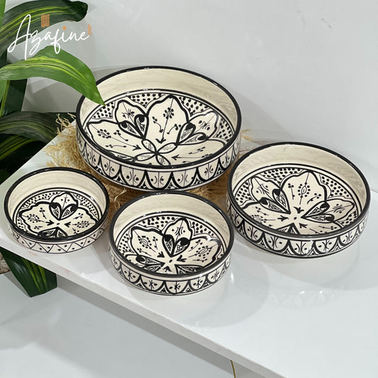 Set of 4 Moroccan Handmade Ceramic Bowls - Handmade Serving Bowls - Black and White Moroccan Motifs - Decorative and Functional Kitchenware