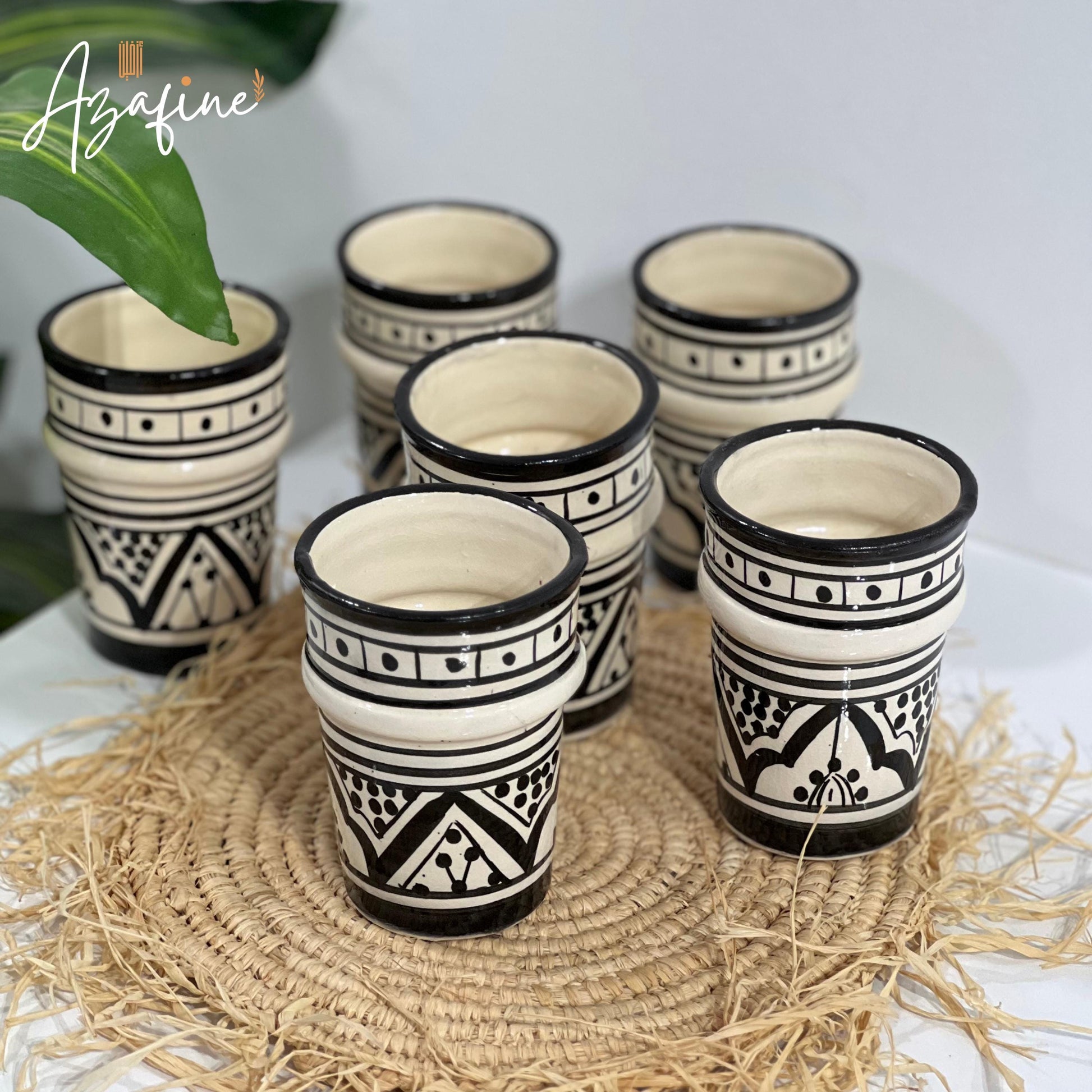 Moroccan Handmade Carafe Set - Handmade Ceramic Drink Set - Ceramic Pitcher & Cups with Traditional Moroccan Motifs - 50Oz Artisan Carafe