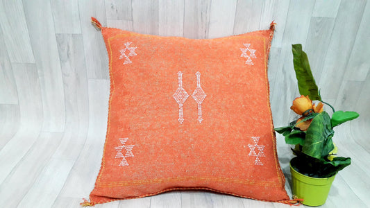Orange Cactus Silk Pillow Cover, Moroccan Boho Throw Pillow , Hand Woven Berber Pillow, Sabra Cactus Silk Cushion Cover,Pillow,Cushion