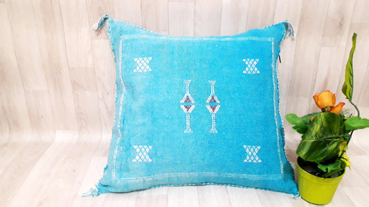 Cactus Silk Cushion Cover - Turquoise Sabra Pillow - Handmade Morocco Cushion
