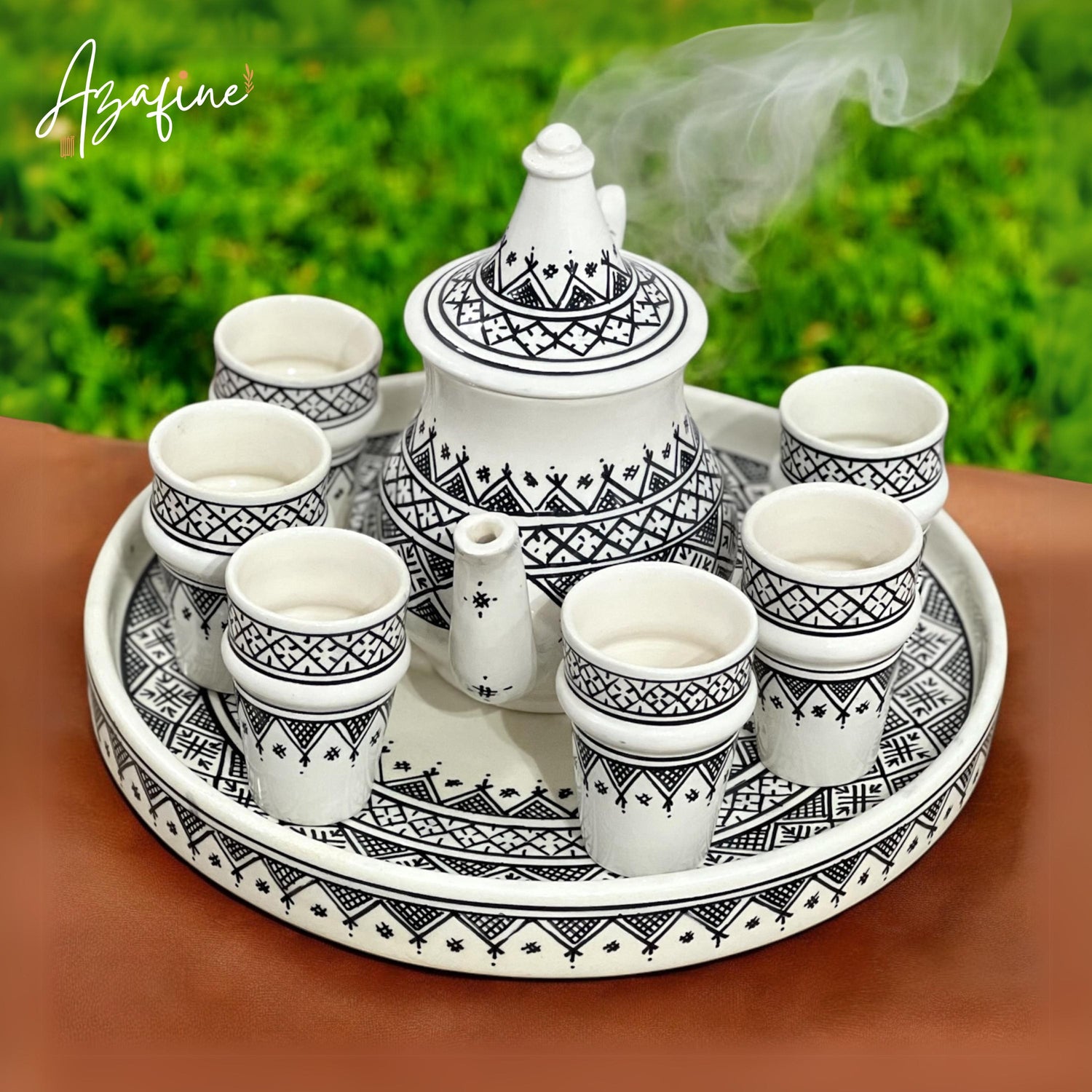 Moroccan Handmade Tea Set, Traditional Teapot with 6 Cups and Tray, Handpainted Tea Set, Ceramic Serving Teapot, Housewarming for Tea Lovers
