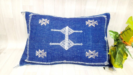Cactus Silk Cushion Cover - Blue Sabra Pillow - Handmade Morocco Cushion . Moroccan Sabra Cushion