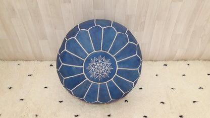 Boho Moroccan Blue POUF with White Stitching,Leather Pouf,Ottoman Pouf, Morrocan Pouf, Morocco Pouf, Ottoman Unstuffed Moroccan Ottoman