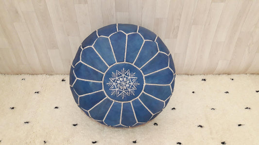 Boho Moroccan Blue POUF with White Stitching,Leather Pouf,Ottoman Pouf, Morrocan Pouf, Morocco Pouf, Ottoman Unstuffed Moroccan Ottoman