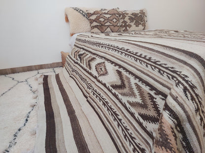 Luxurious Handloomed Beni Ourain Wool Blanket | Natural Undyed Wool | Moroccan Pom Pom Blanket on Edges
