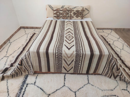 Luxurious Handloomed Beni Ourain Wool Blanket | Natural Undyed Wool | Moroccan Pom Pom Blanket on Edges