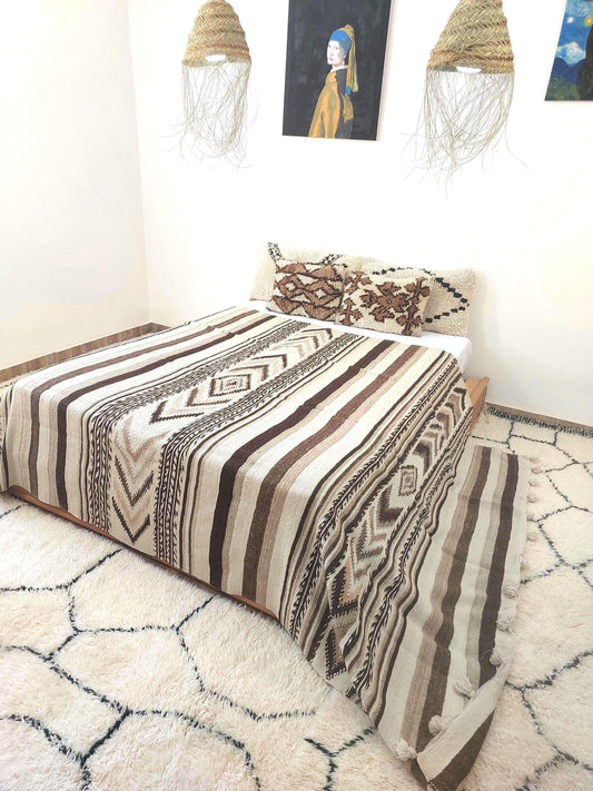 Luxurious Handloomed Beni Ourain Wool Blanket | Natural Undyed Wool | Moroccan Pom Pom Blanket on Edges