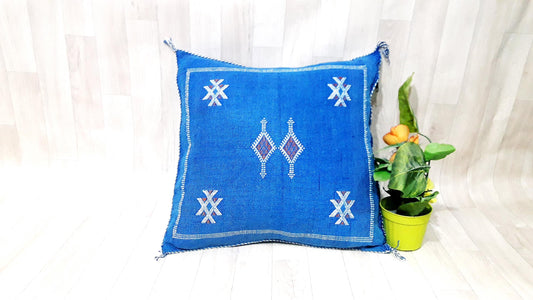 Cactus Silk Cushion Cover - Blue Sabra Pillow - Handmade Morocco Cushion