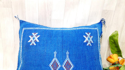 Cactus Silk Cushion Cover - Blue Sabra Pillow - Handmade Morocco Cushion