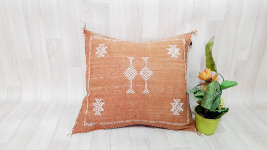 Cactus Silk Cushion Cover - Brown/Orange Sabra Pillow - Handmade Morocco Cushion