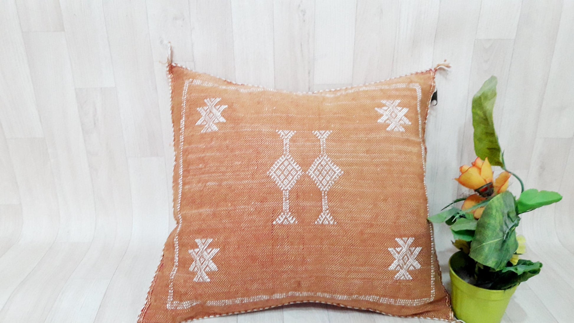 Cactus Silk Cushion Cover - Brown/Orange Sabra Pillow - Handmade Morocco Cushion
