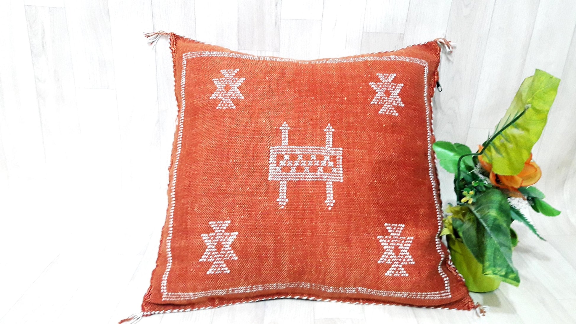 Cactus Silk Pillow Cover, Moroccan Boho Throw Pillow , Hand Woven Berber Pillow, Decorative Sabra Cactus Silk Cushion Cover