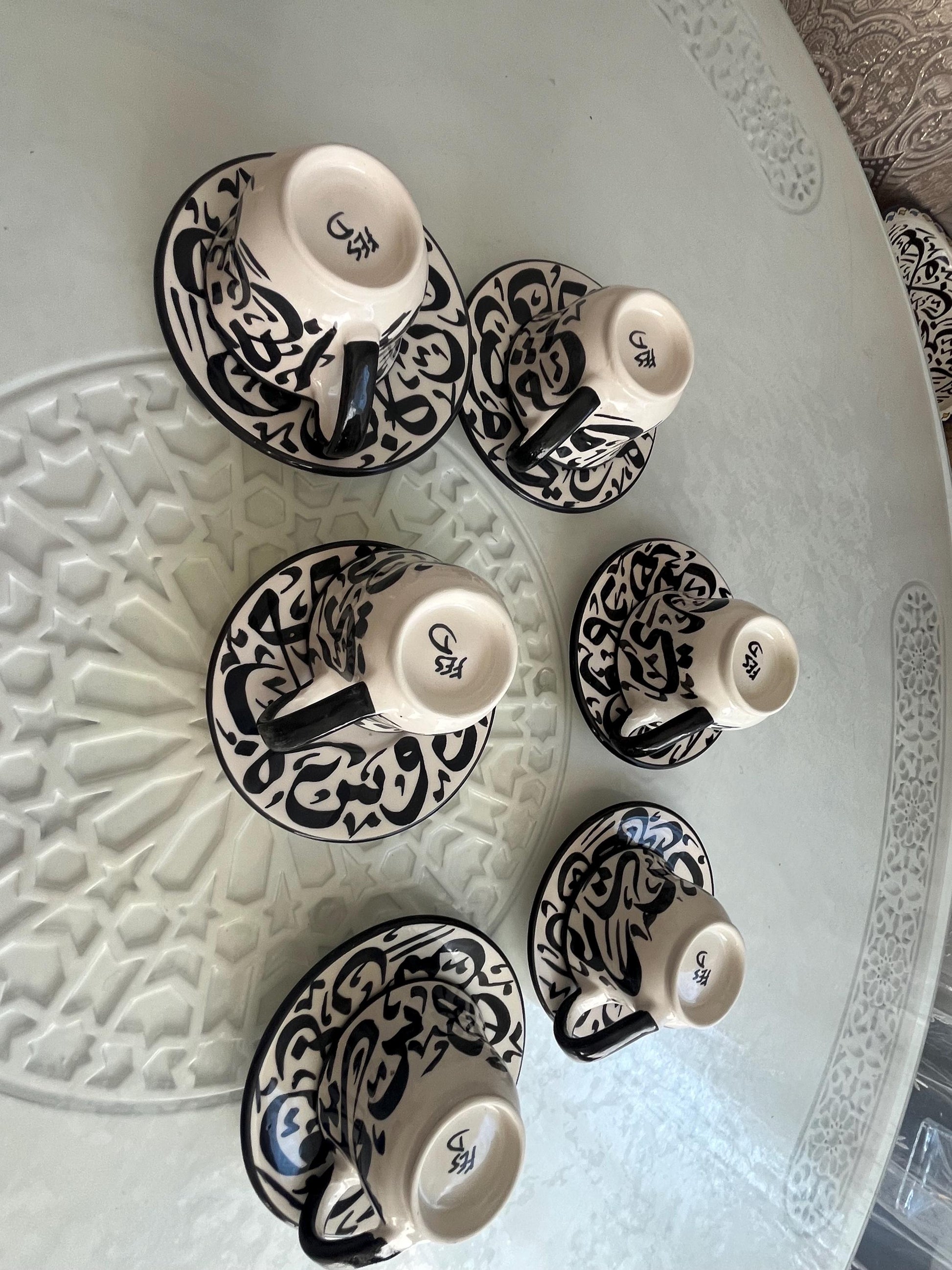 Set of 2 Cups and Saucers - Fes Ceramics - Morocco - Arabic Calligraphy - Moroccan Handicrafts - Beldi Chic Collection