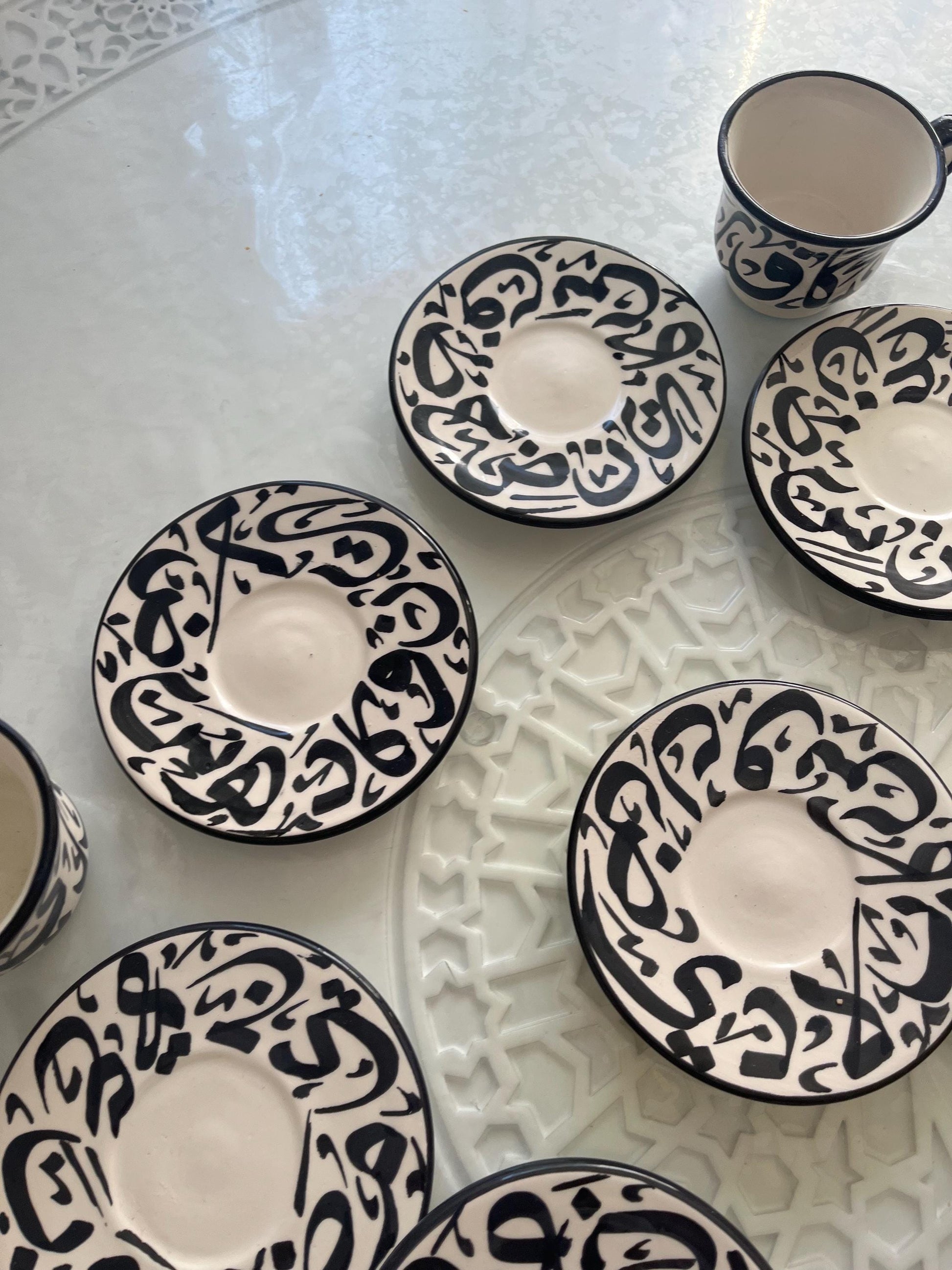 Set of 2 Cups and Saucers - Fes Ceramics - Morocco - Arabic Calligraphy - Moroccan Handicrafts - Beldi Chic Collection
