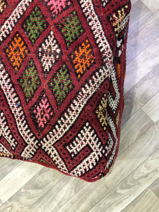 Moroccan Kilim Pouf,Moroccan Floor Cushions, Red Moroccan Kilim Pouf, Vintage Floor Pillow