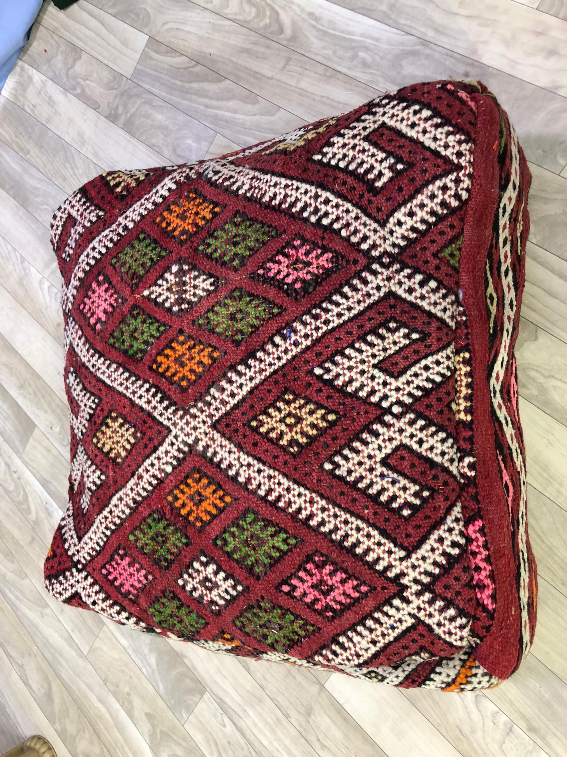 Moroccan Kilim Pouf,Moroccan Floor Cushions, Red Moroccan Kilim Pouf, Vintage Floor Pillow
