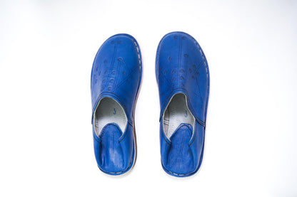 Handmade Moroccan Babouche Leather Slippers for Men, Organic Sheepskin Slip-Ons – Stylish Blue House Shoes