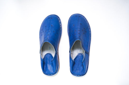 Handmade Moroccan Babouche Leather Slippers for Men, Organic Sheepskin Slip-Ons – Stylish Blue House Shoes