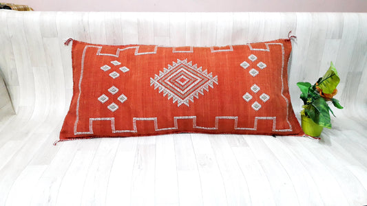 Cactus Silk Cushion Cover - Red/Orange Sabra Pillow - Handmade Morocco Cushion . Moroccan Sabra Cushion