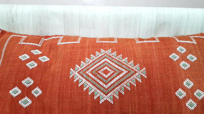 Cactus Silk Cushion Cover - Red/Orange Sabra Pillow - Handmade Morocco Cushion . Moroccan Sabra Cushion