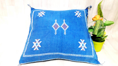 Cactus Silk Cushion Cover - Blue Sabra Pillow - Handmade Morocco Cushion