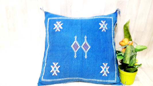 Cactus Silk Cushion Cover - Blue Sabra Pillow - Handmade Morocco Cushion