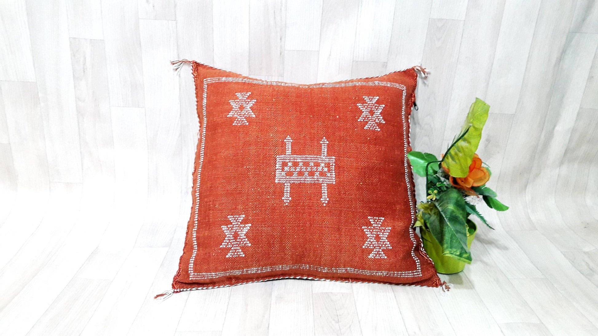 Cactus Silk Pillow Cover, Moroccan Boho Throw Pillow , Hand Woven Berber Pillow, Decorative Sabra Cactus Silk Cushion Cover