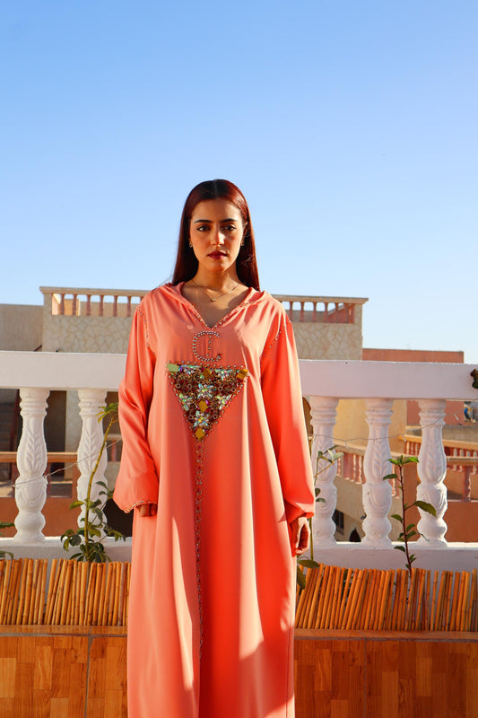 Beautiful Peach Amazigh Kaftan Dress, Luxury Kaftan, Women'S Kaftan Dress with Head Cover, Moroccan and African Style Abaya