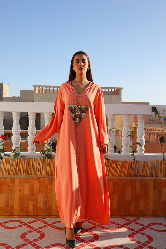 Beautiful Peach Amazigh Kaftan Dress, Luxury Kaftan, Women'S Kaftan Dress with Head Cover, Moroccan and African Style Abaya