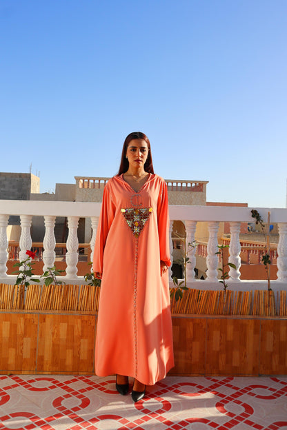 Beautiful Peach Amazigh Kaftan Dress, Luxury Kaftan, Women'S Kaftan Dress with Head Cover, Moroccan and African Style Abaya