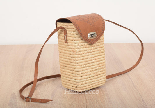 Woven Straw Bag with Leather Strap - Straw Crossbody Bag