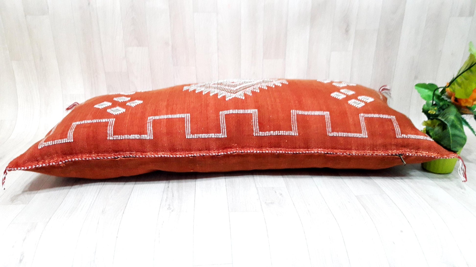 Cactus Silk Cushion Cover - Red/Orange Sabra Pillow - Handmade Morocco Cushion . Moroccan Sabra Cushion