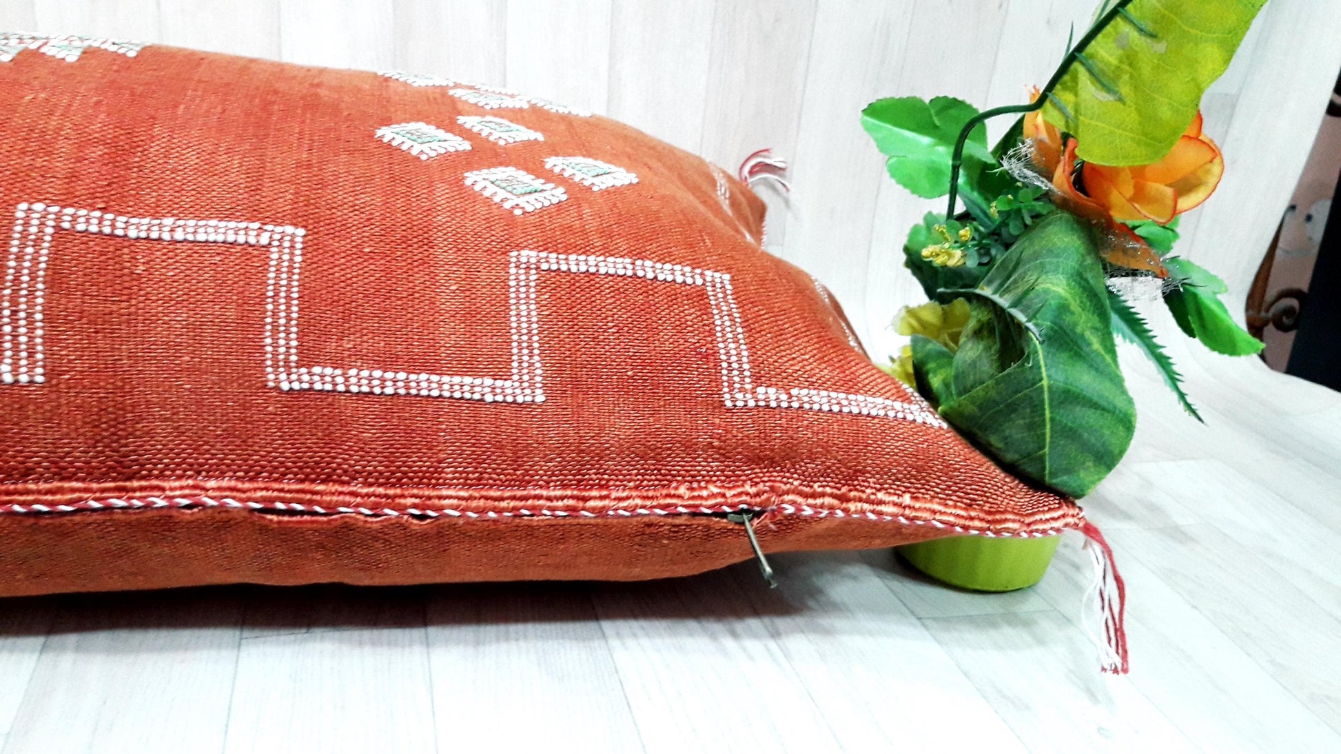 Cactus Silk Cushion Cover - Red/Orange Sabra Pillow - Handmade Morocco Cushion . Moroccan Sabra Cushion