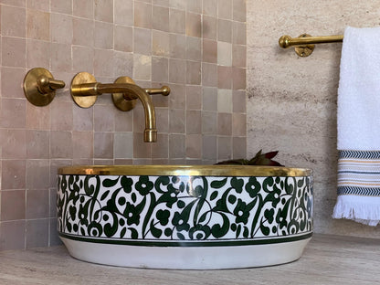 Antique Sink with Brass Rim Edge, Vessel Sink, Sink Bowl, Green Ceramic Basin, Hand Wash Basin, Free Gift INCLUDED