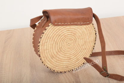 Round Woven Raffia Bag with Leather - Boho Crossbody Bag with Adjustable Strape