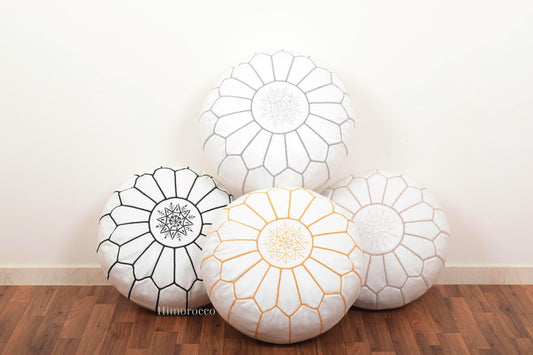 White Moroccan Leather Pouf with Multi Stitches, Ottoman Pouf