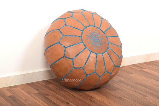 Moroccan Leather Pouf with Turquoise Stitches, Ottoman Pouf