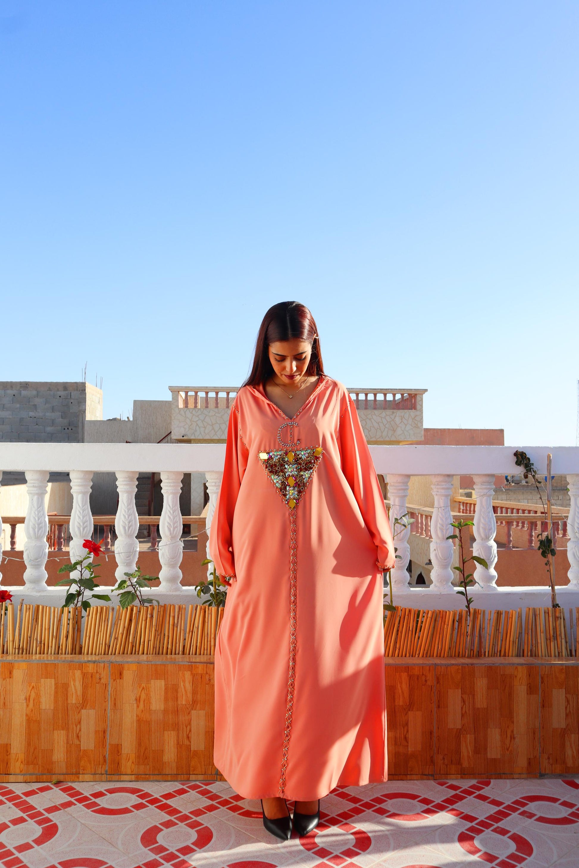 Beautiful Peach Amazigh Kaftan Dress, Luxury Kaftan, Women'S Kaftan Dress with Head Cover, Moroccan and African Style Abaya