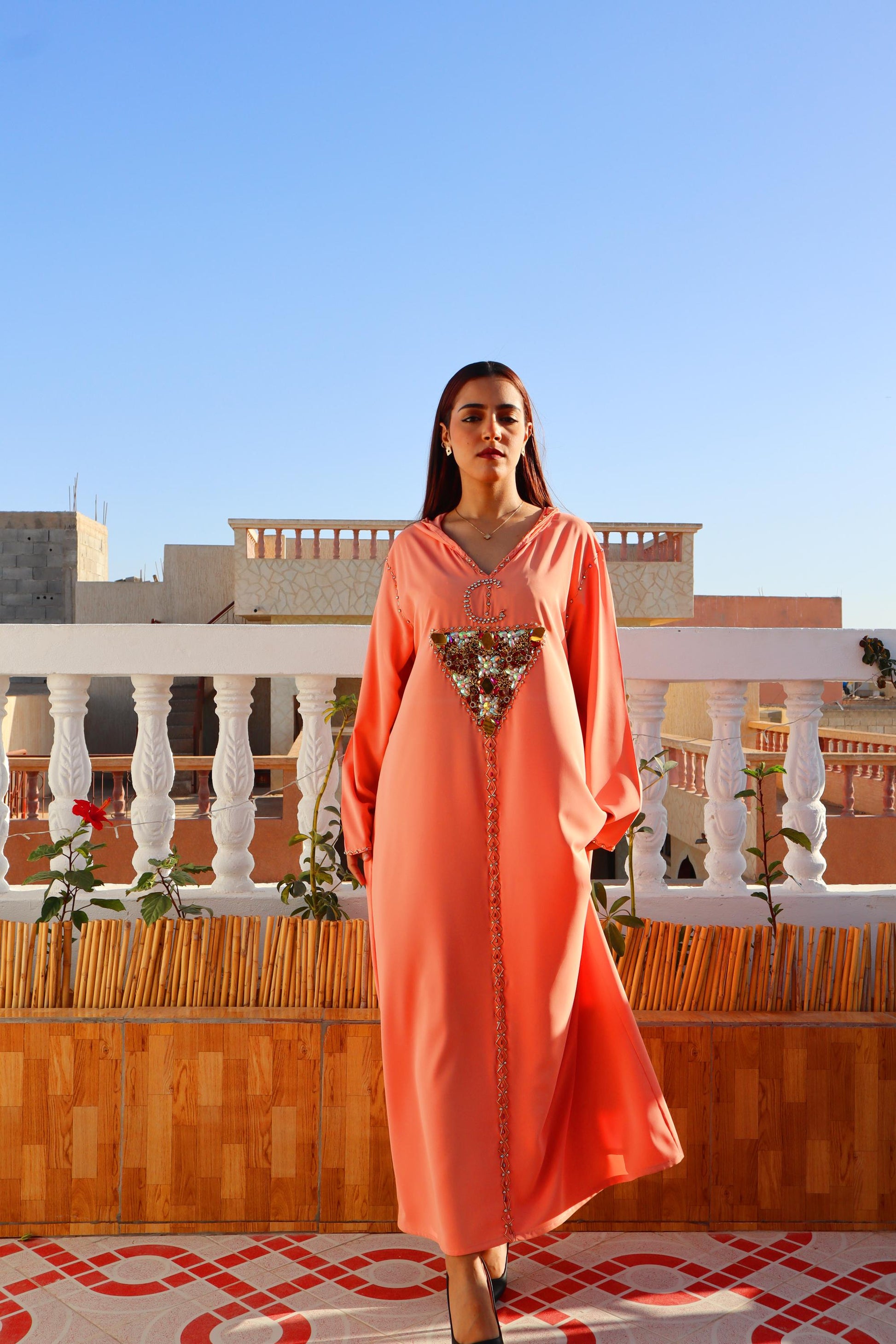 Beautiful Peach Amazigh Kaftan Dress, Luxury Kaftan, Women'S Kaftan Dress with Head Cover, Moroccan and African Style Abaya