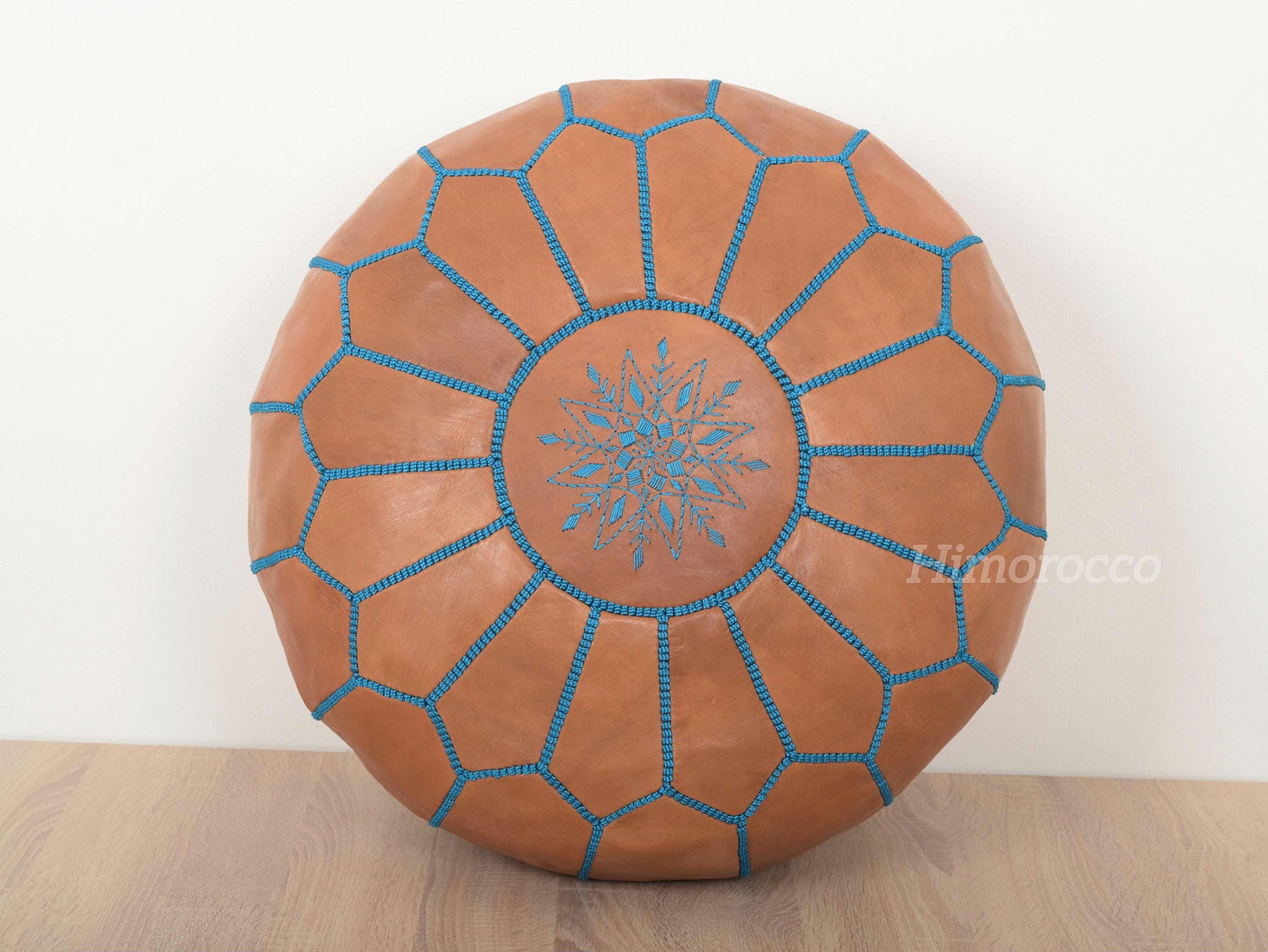 Moroccan Leather Pouf with Turquoise Stitches, Ottoman Pouf